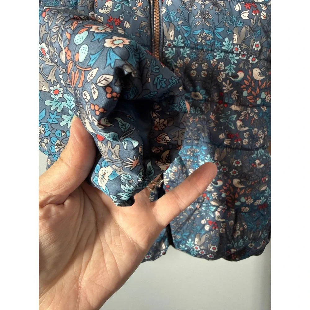 NEXT Girls Puffer Jacket 5/6 Blue Floral Bird Hedgehog Sherpa Lined Hood Zip
